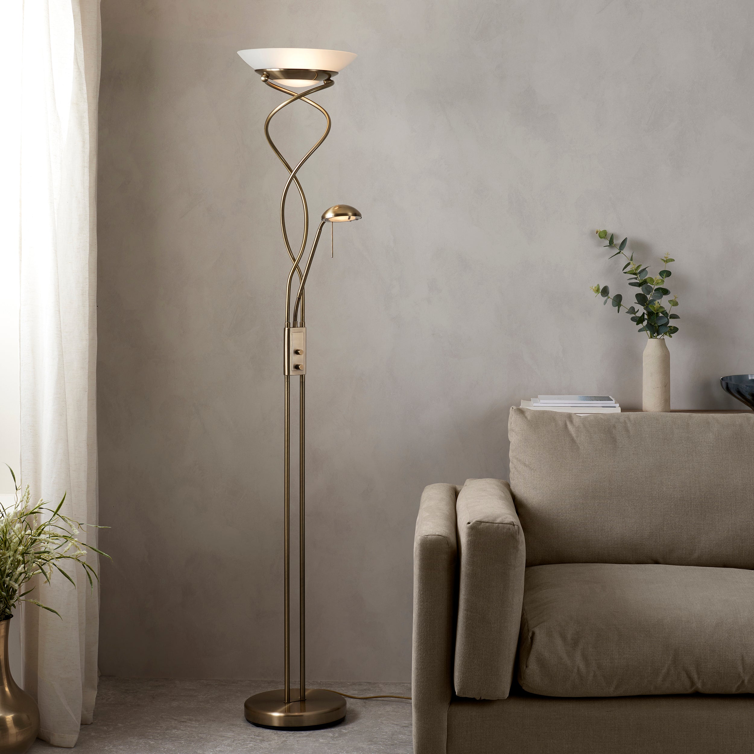 Endon Monaco Single Light Floor Lamp - Antique Brass Plate & Frosted Glass