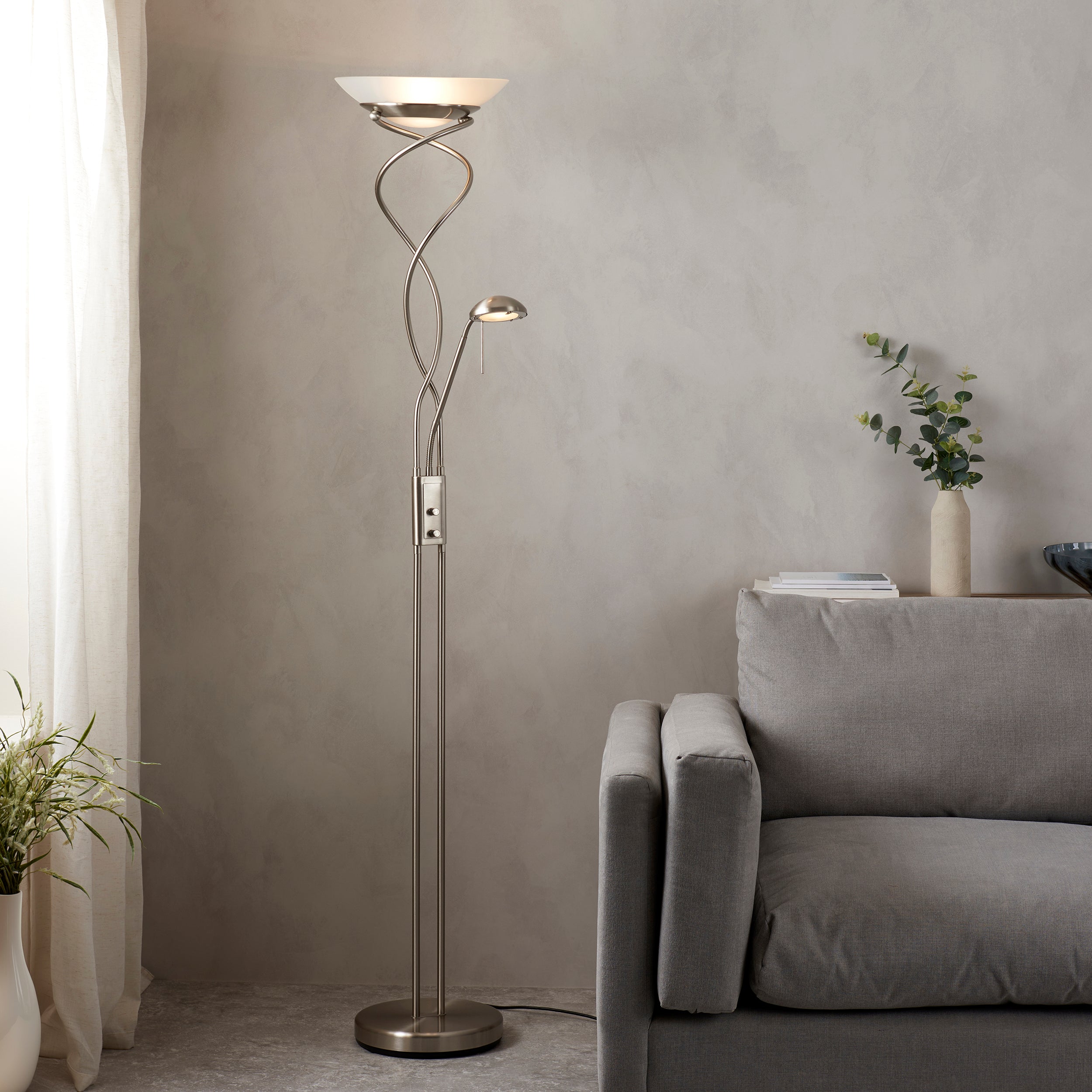 Endon Monaco Single Light Floor Lamp - Satin Chrome Plate & Frosted Glass