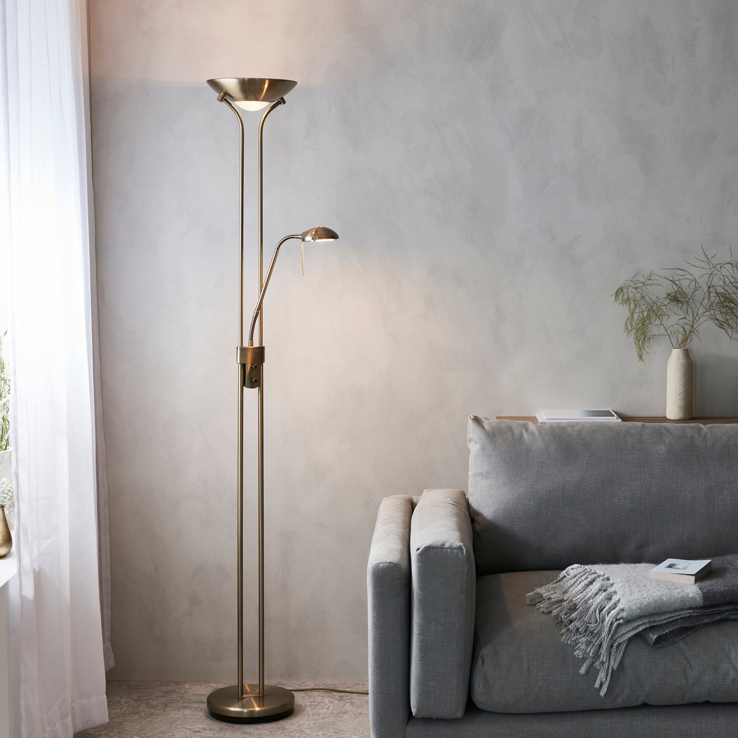 Endon Rome Floor Lamp - Antique Brass Plate & Opal Glass
