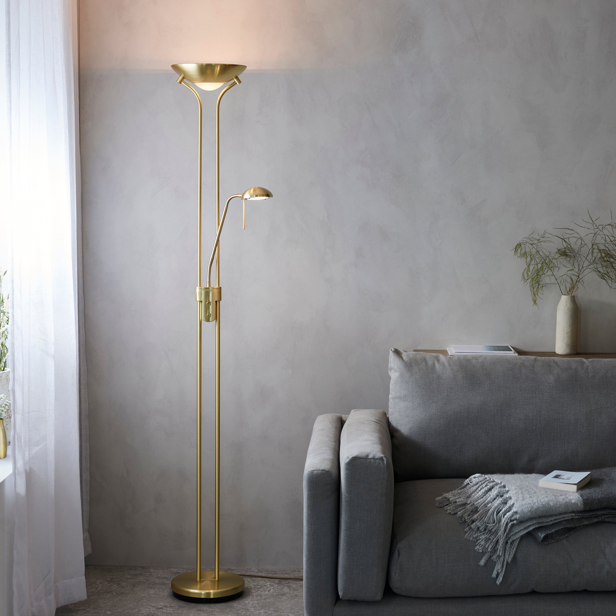Endon Rome Floor Lamp - Satin Brass Plate & Opal Glass