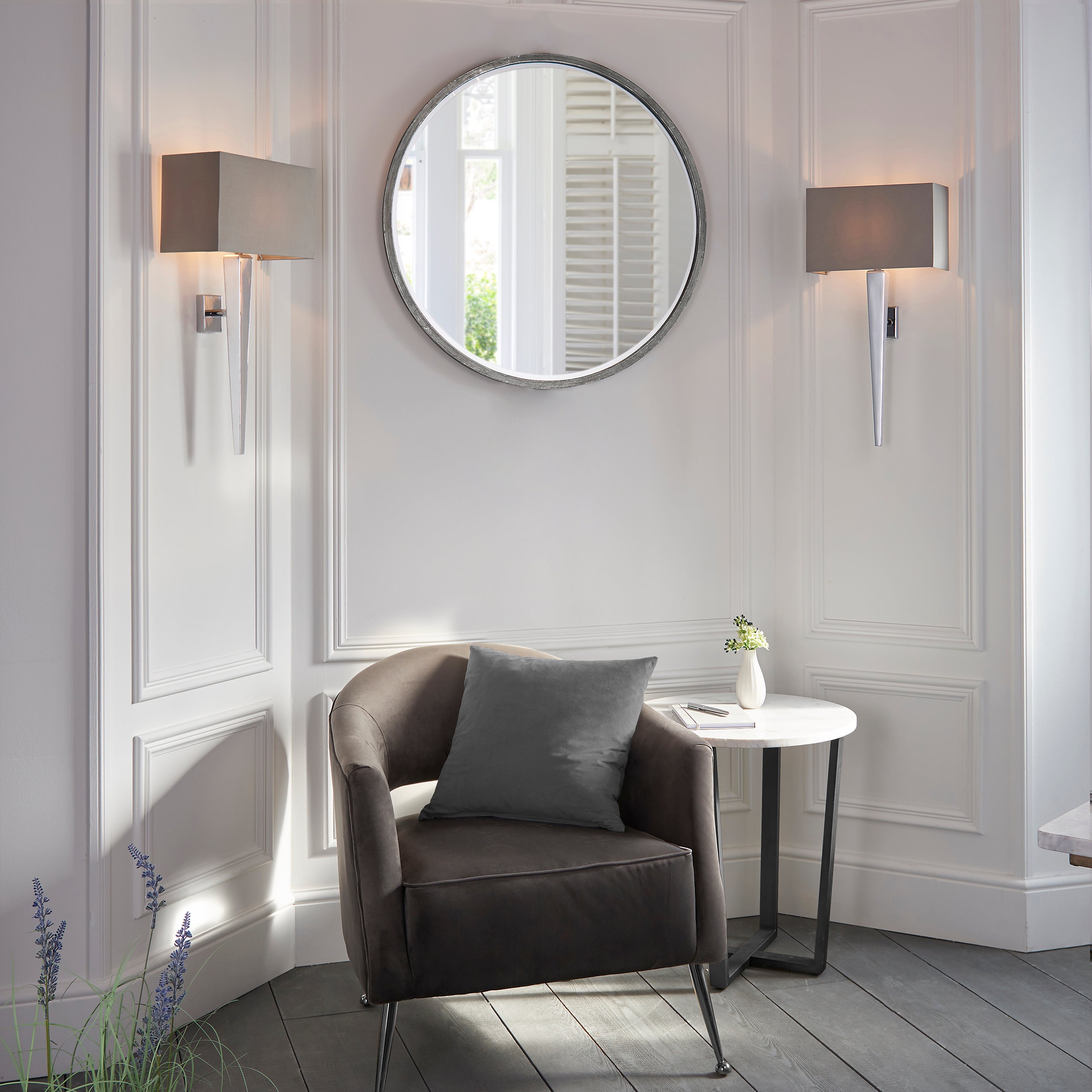 Endon Moreto Single Light Wall Light - Chrome Plate & Grey & Silver Fabric