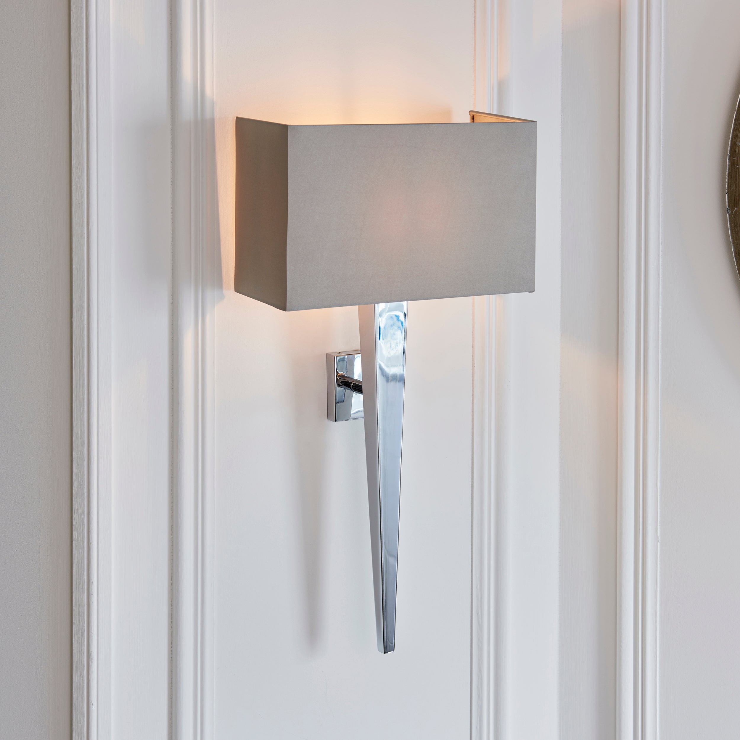Endon Moreto Single Light Wall Light - Chrome Plate & Grey & Silver Fabric