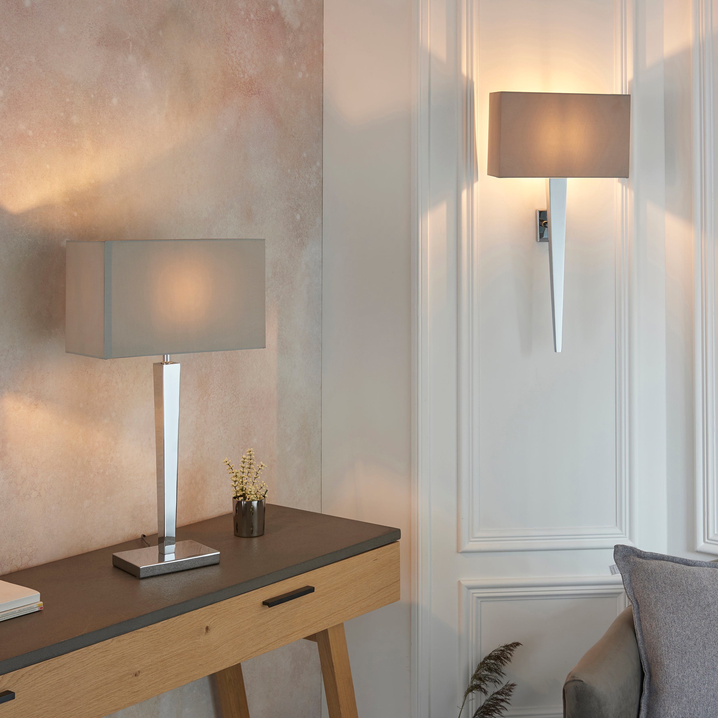Endon Moreto Single Light Table Lamp - Chrome Plate & Grey & Silver Fabric