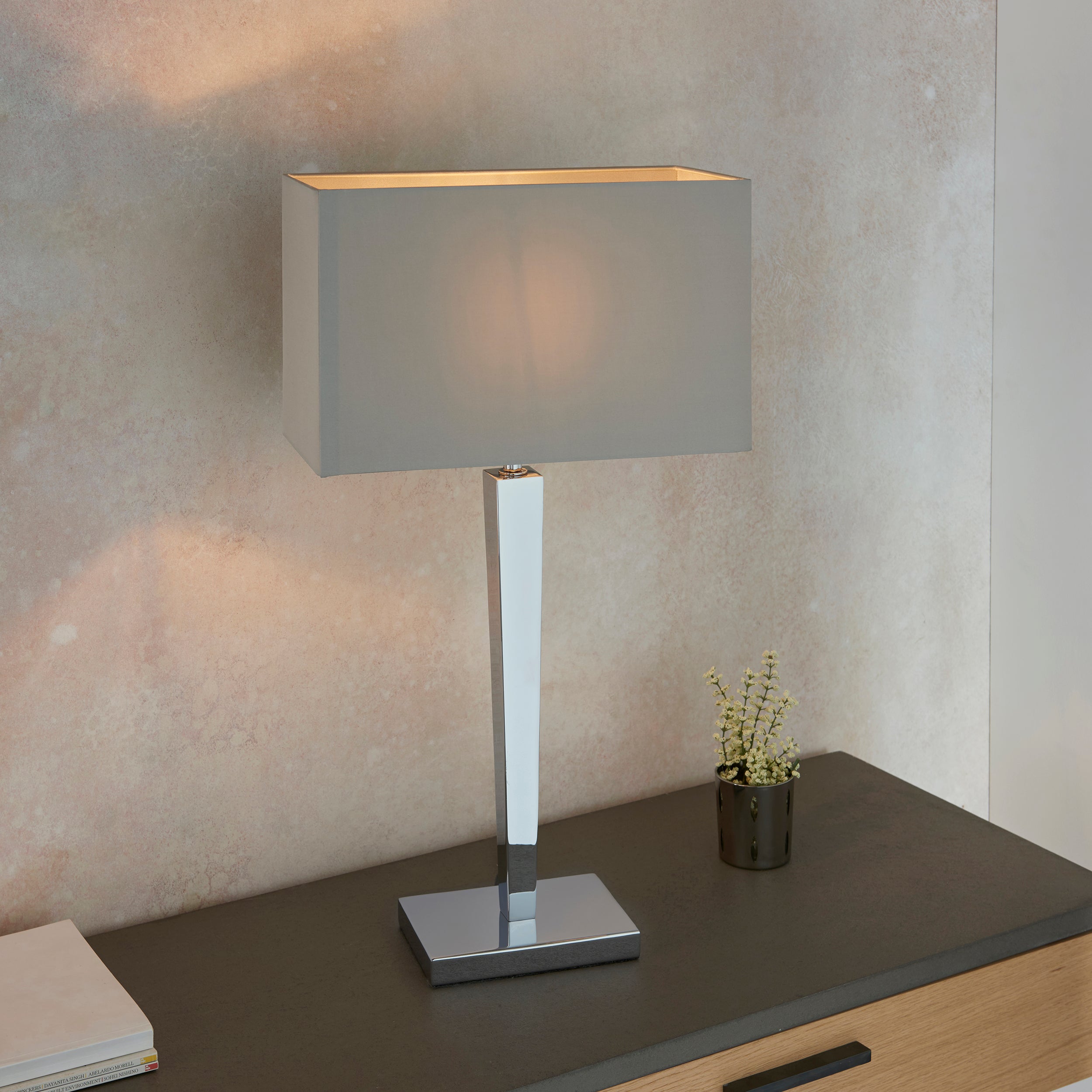 Endon Moreto Single Light Table Lamp - Chrome Plate & Grey & Silver Fabric