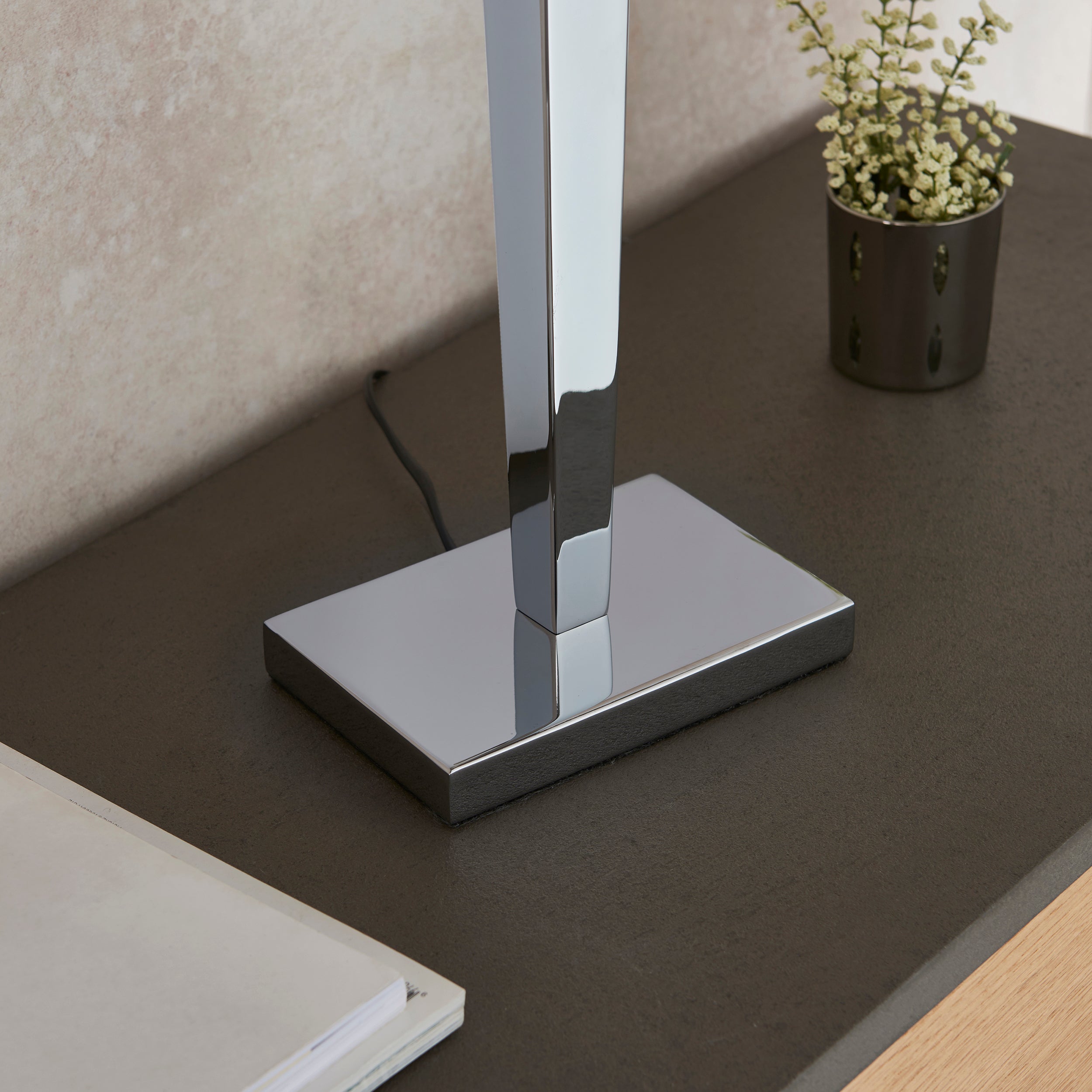 Endon Moreto Single Light Table Lamp - Chrome Plate & Grey & Silver Fabric