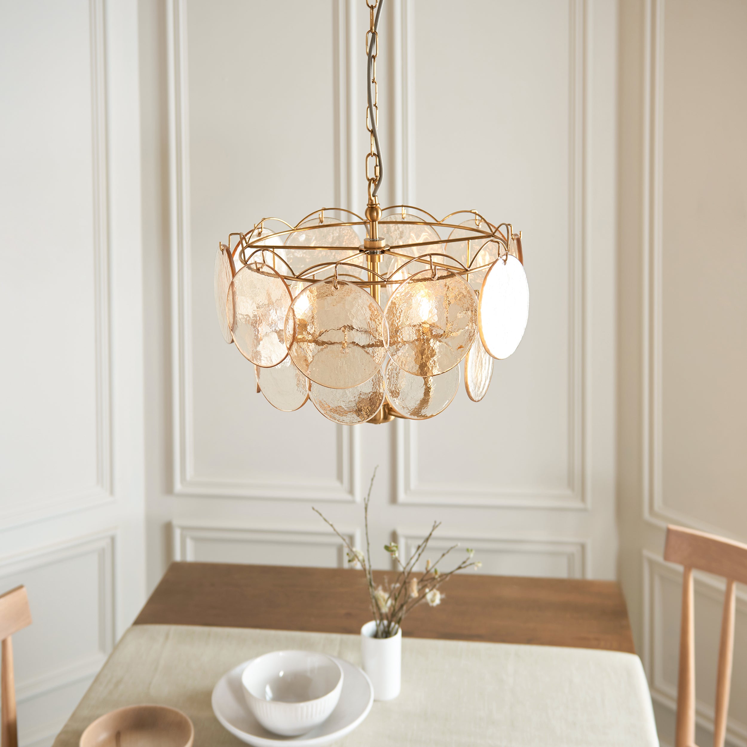 Utopia Aura 3 Light Ceiling Bendant - Brushed Aged Brass & Champagne Glass