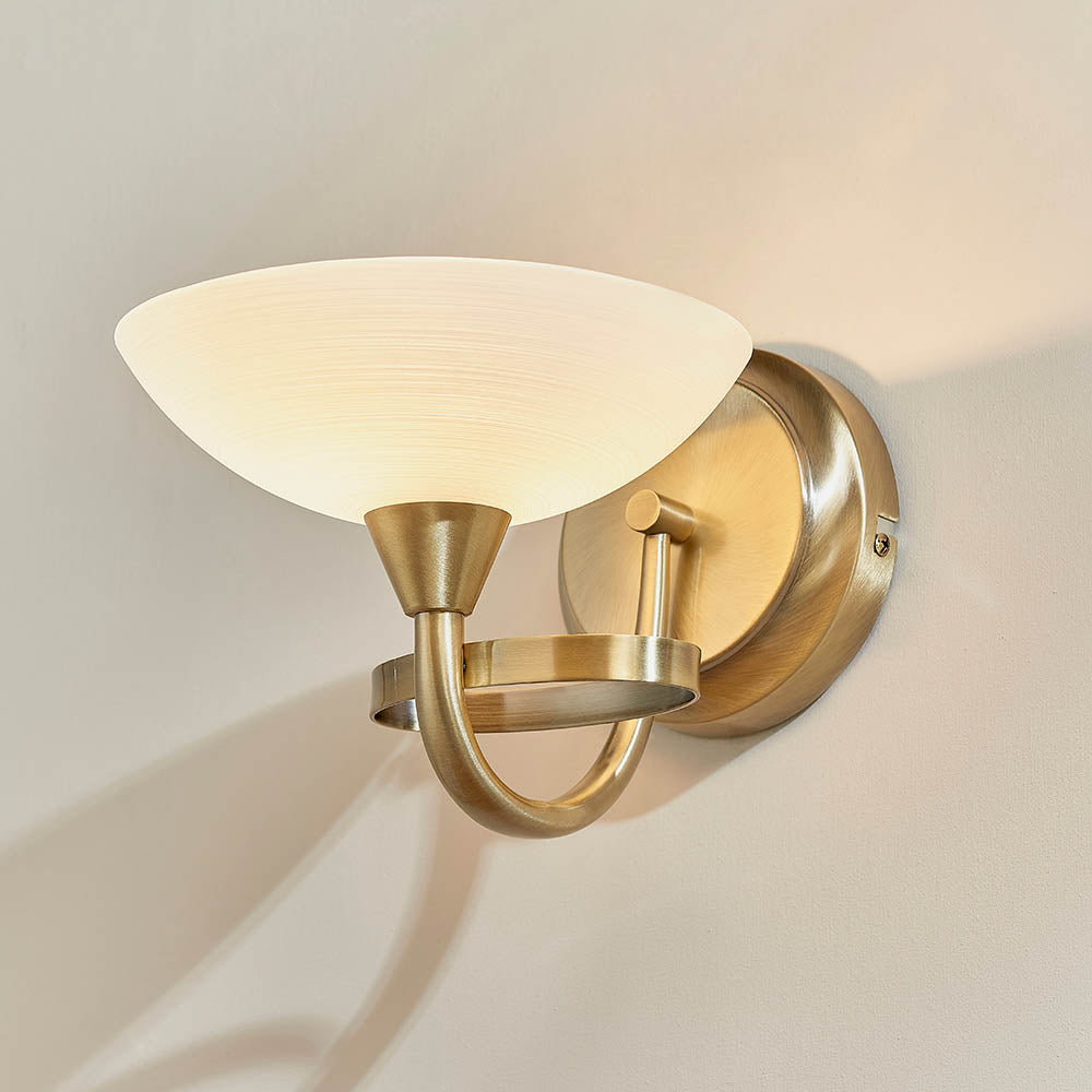 Endon Cagney Single Light Wall Light - Antique Brass Plate & White Glass
