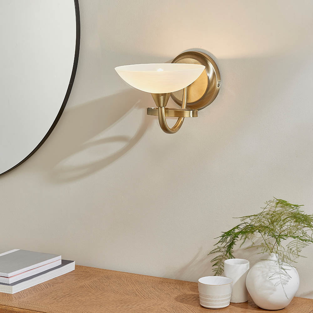 Endon Cagney Single Light Wall Light - Antique Brass Plate & White Glass