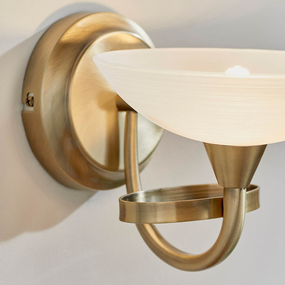 Endon Cagney Single Light Wall Light - Antique Brass Plate & White Glass