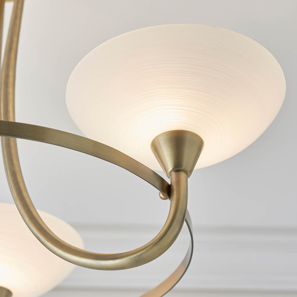 Endon Cagney 3 Light Semi Flush Fitting - Antique Brass Plate & White Glass
