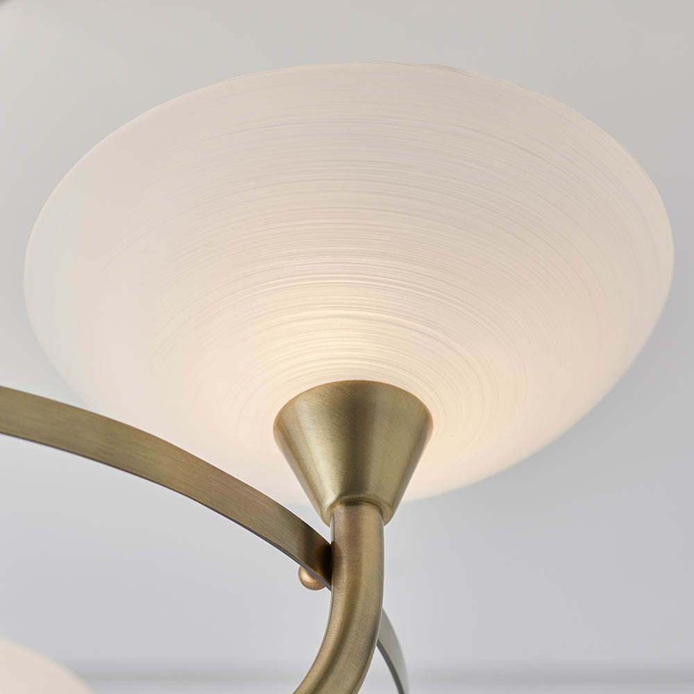 Endon Cagney 3 Light Semi Flush Fitting - Antique Brass Plate & White Glass