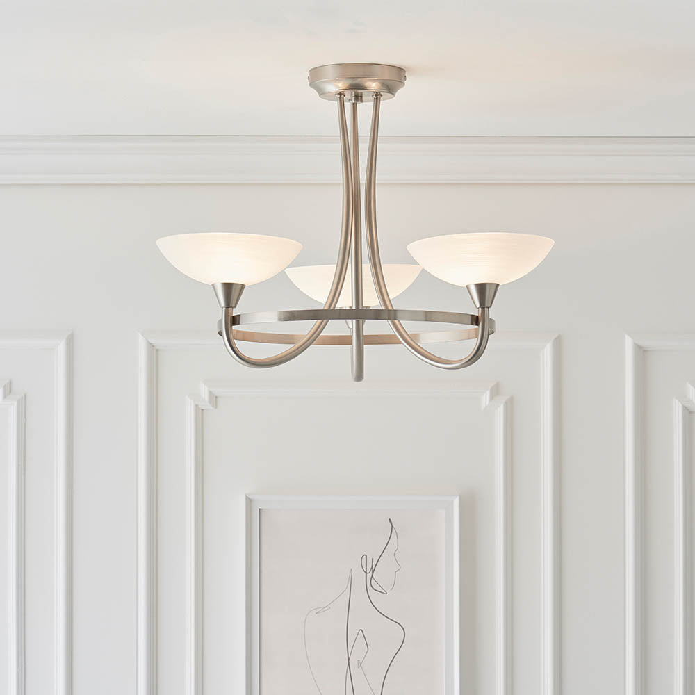 Endon Cagney 3 Light Semi Flush Fitting - Satin Chrome Plate & White Glass