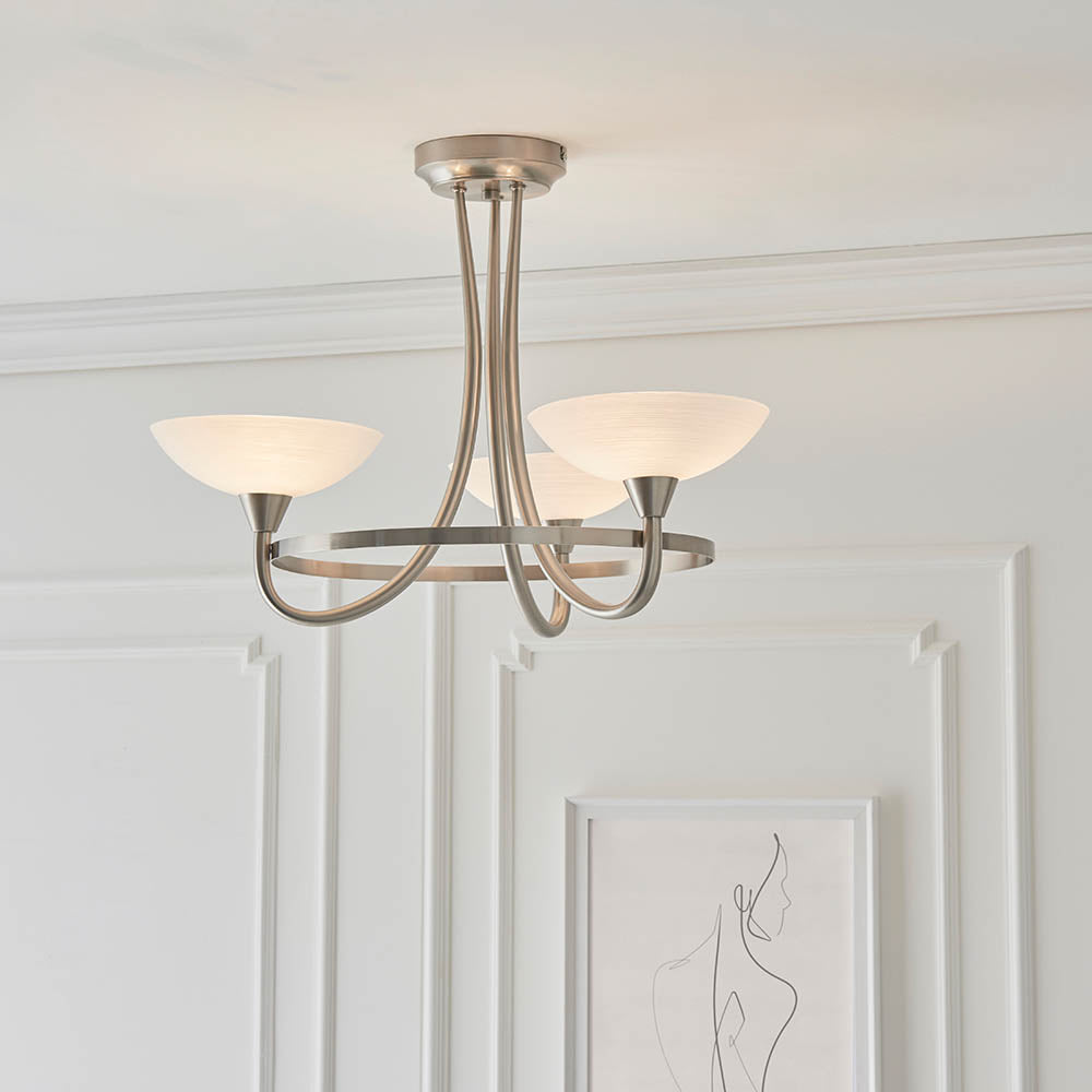 Endon Cagney 3 Light Semi Flush Fitting - Satin Chrome Plate & White Glass