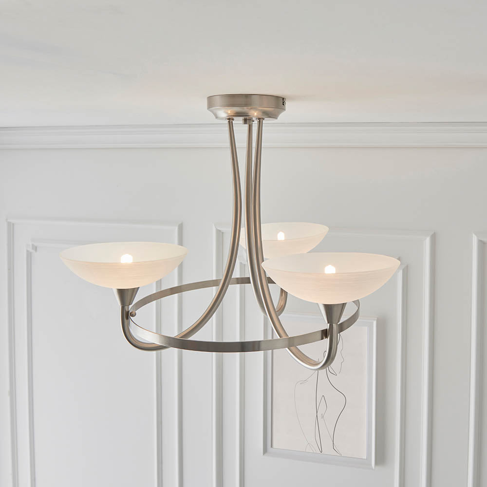 Endon Cagney 3 Light Semi Flush Fitting - Satin Chrome Plate & White Glass
