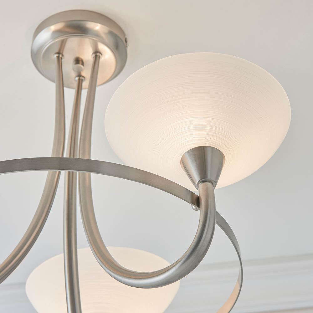 Endon Cagney 3 Light Semi Flush Fitting - Satin Chrome Plate & White Glass