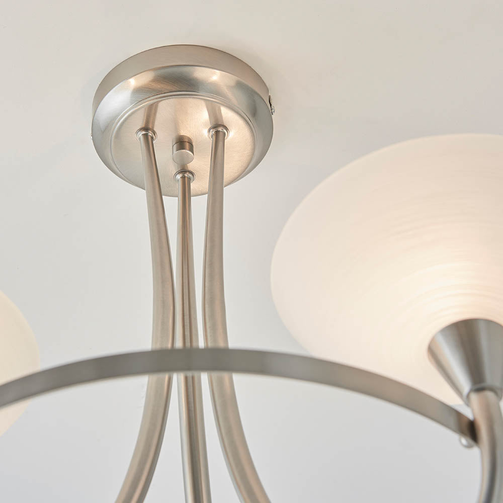 Endon Cagney 3 Light Semi Flush Fitting - Satin Chrome Plate & White Glass