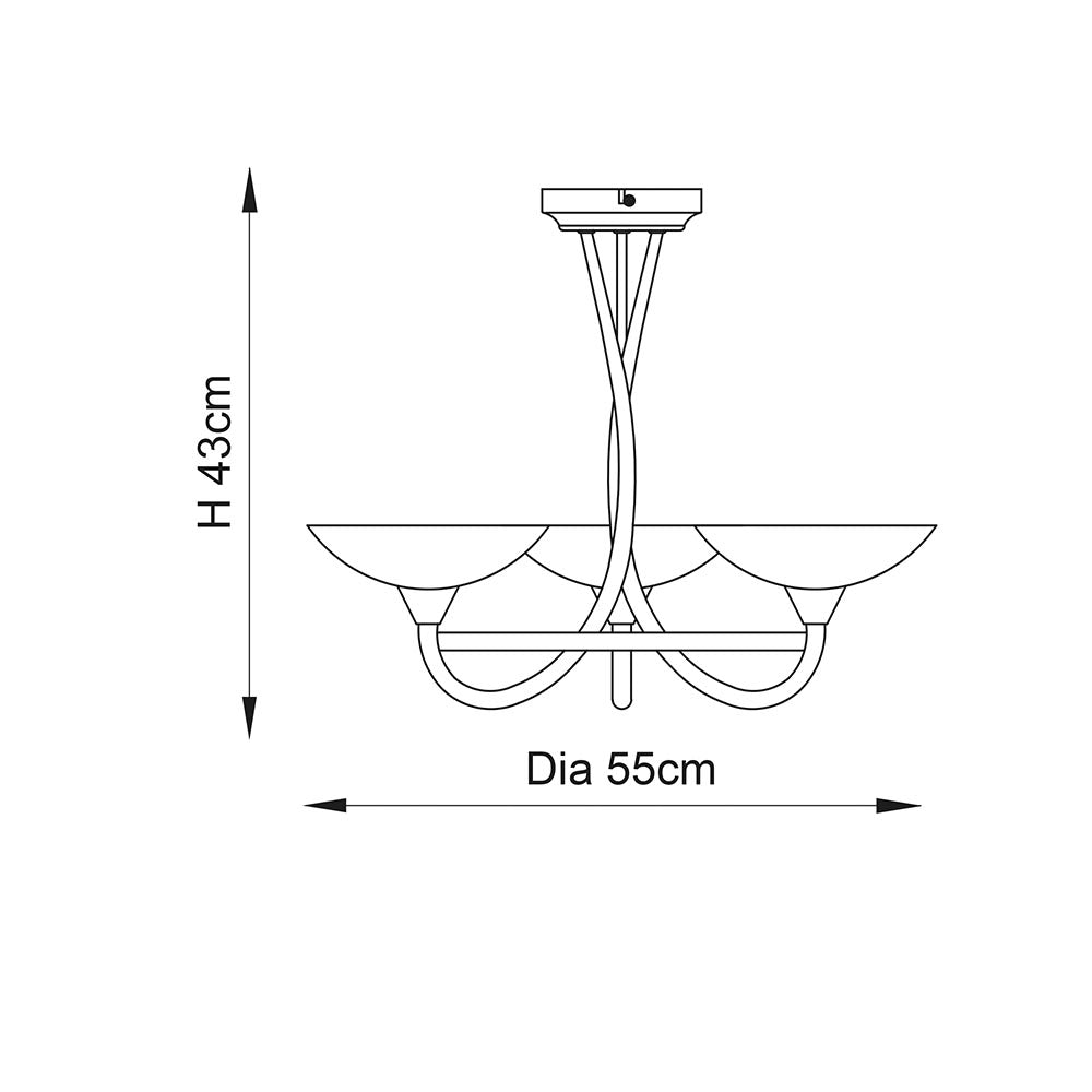 Endon Cagney 3 Light Semi Flush Fitting - Satin Chrome Plate & White Glass