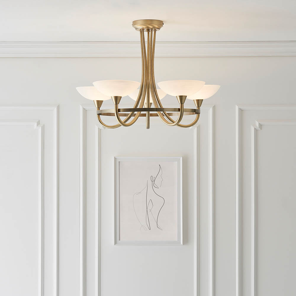 Endon Cagney 5 Light Semi Flush Fitting - Antique Brass Plate & White Glass