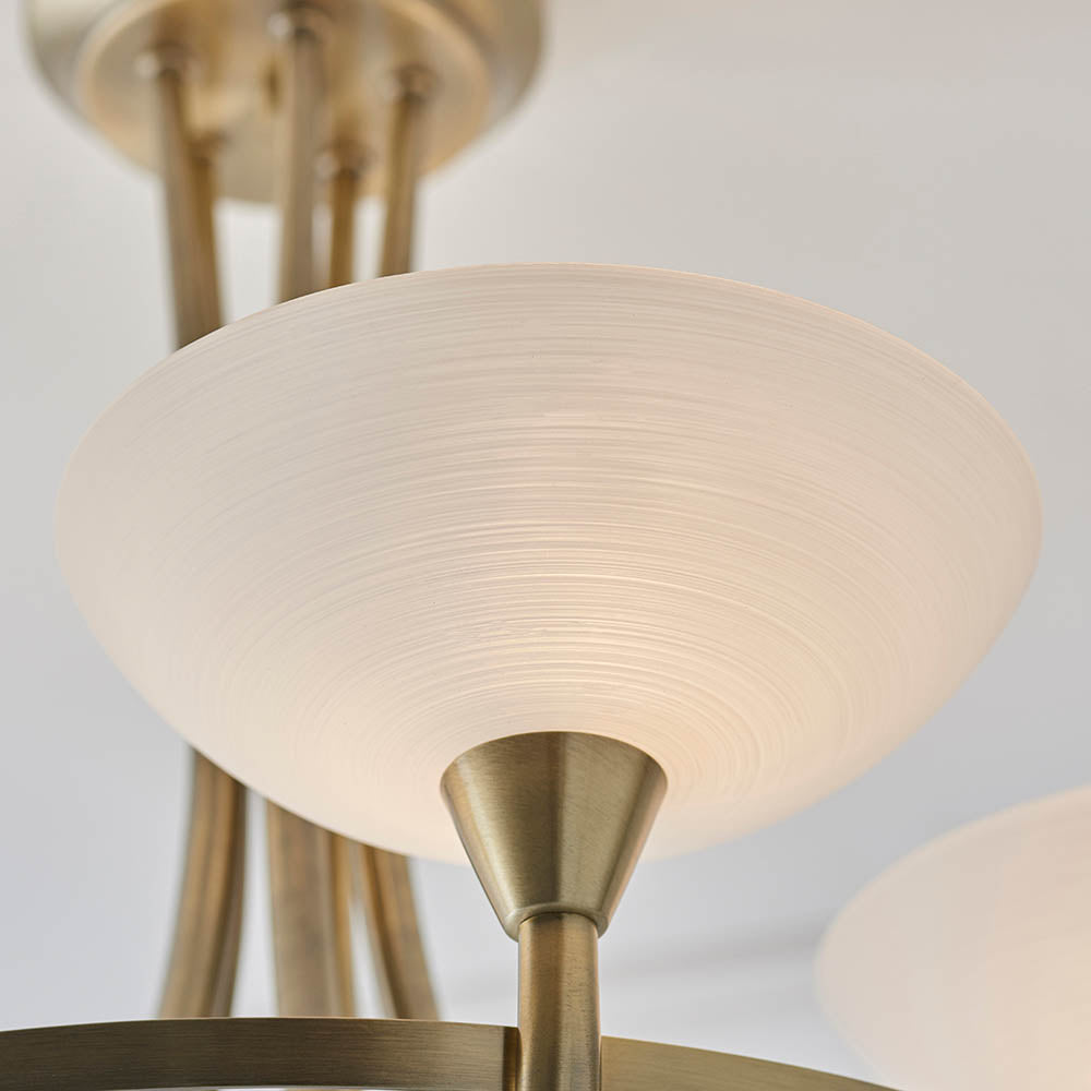Endon Cagney 5 Light Semi Flush Fitting - Antique Brass Plate & White Glass
