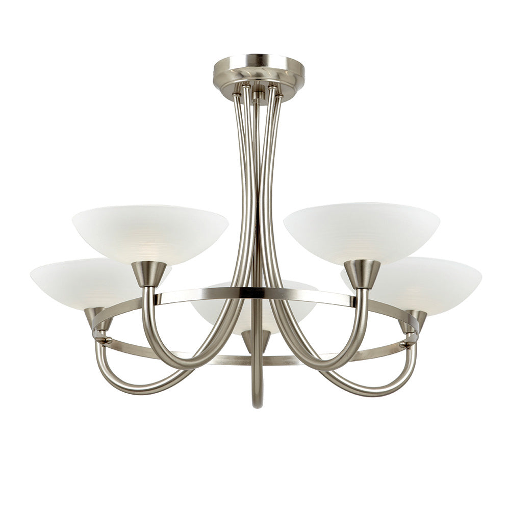 Endon Cagney 5 Light Semi Flush Fitting - Satin Chrome Plate & White Glass