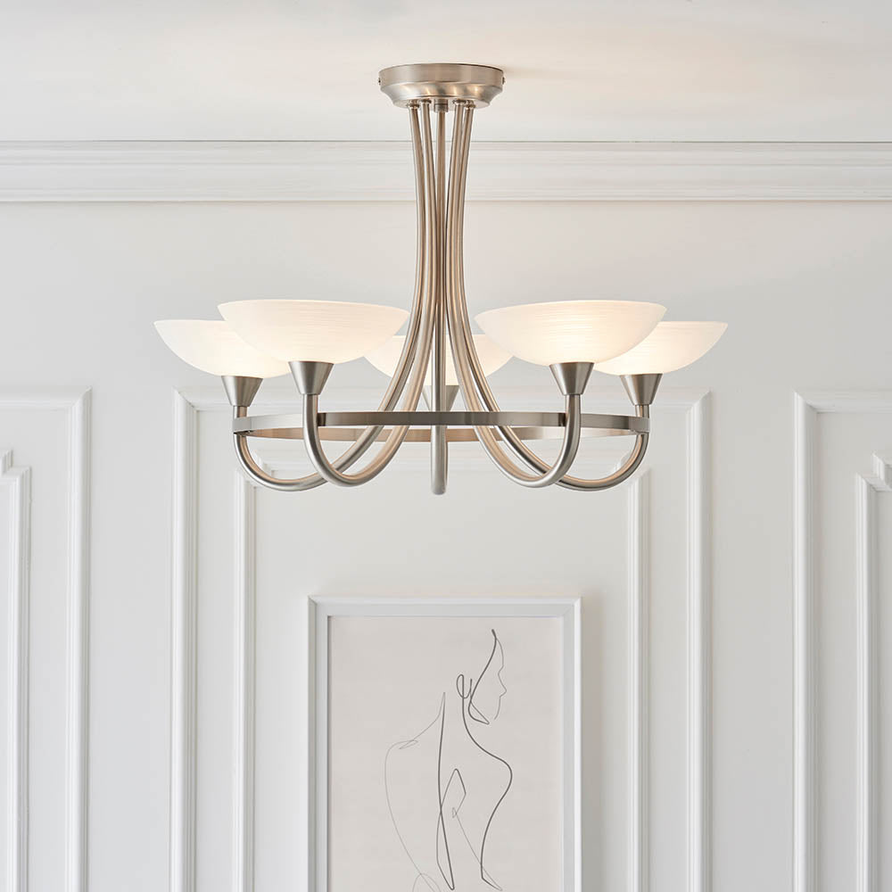 Endon Cagney 5 Light Semi Flush Fitting - Satin Chrome Plate & White Glass