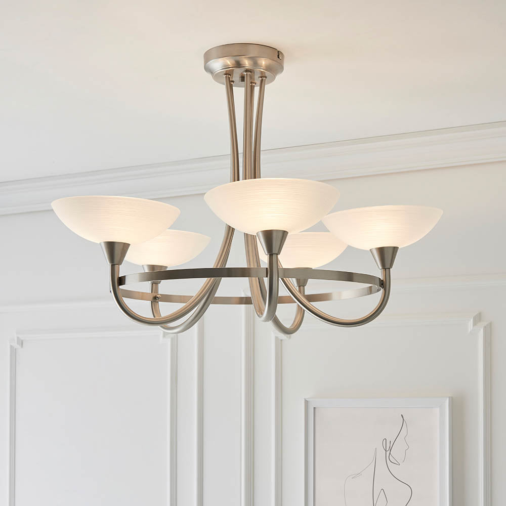 Endon Cagney 5 Light Semi Flush Fitting - Satin Chrome Plate & White Glass