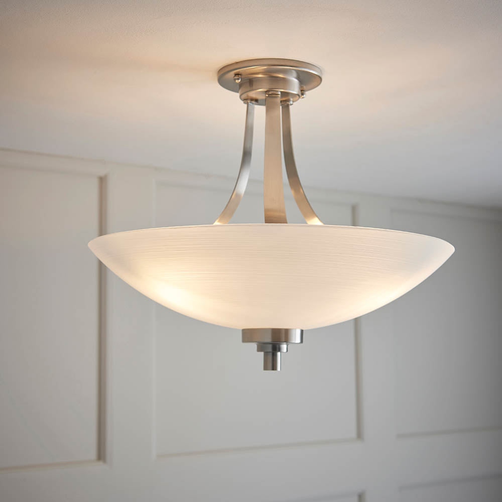 Endon Welles 3 Light Flush Fitting - Satin Chrome Plate & White Glass
