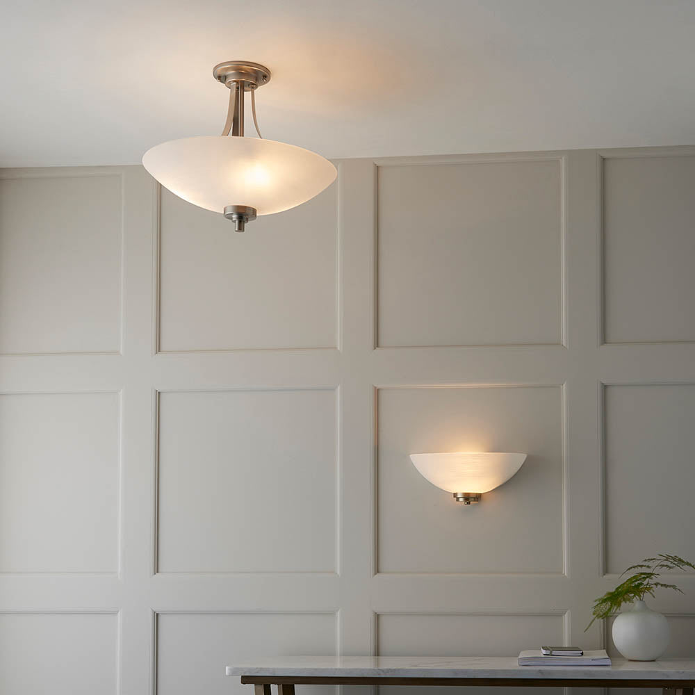Endon Welles 3 Light Flush Fitting - Satin Chrome Plate & White Glass