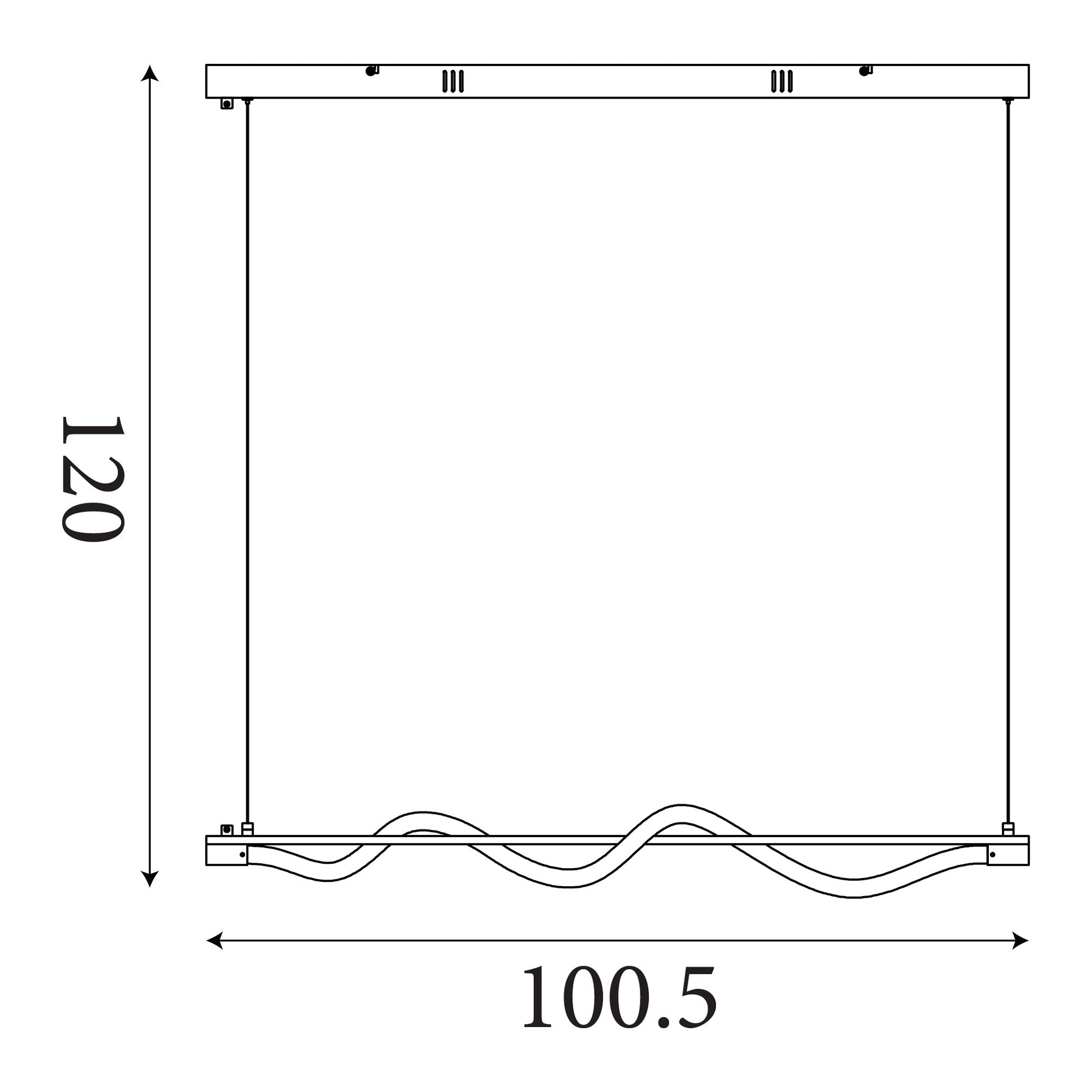Technical line drawing of the Serpent Pendant showing a 45cm ceiling bar, 100.5cm length and 120cm maximum height