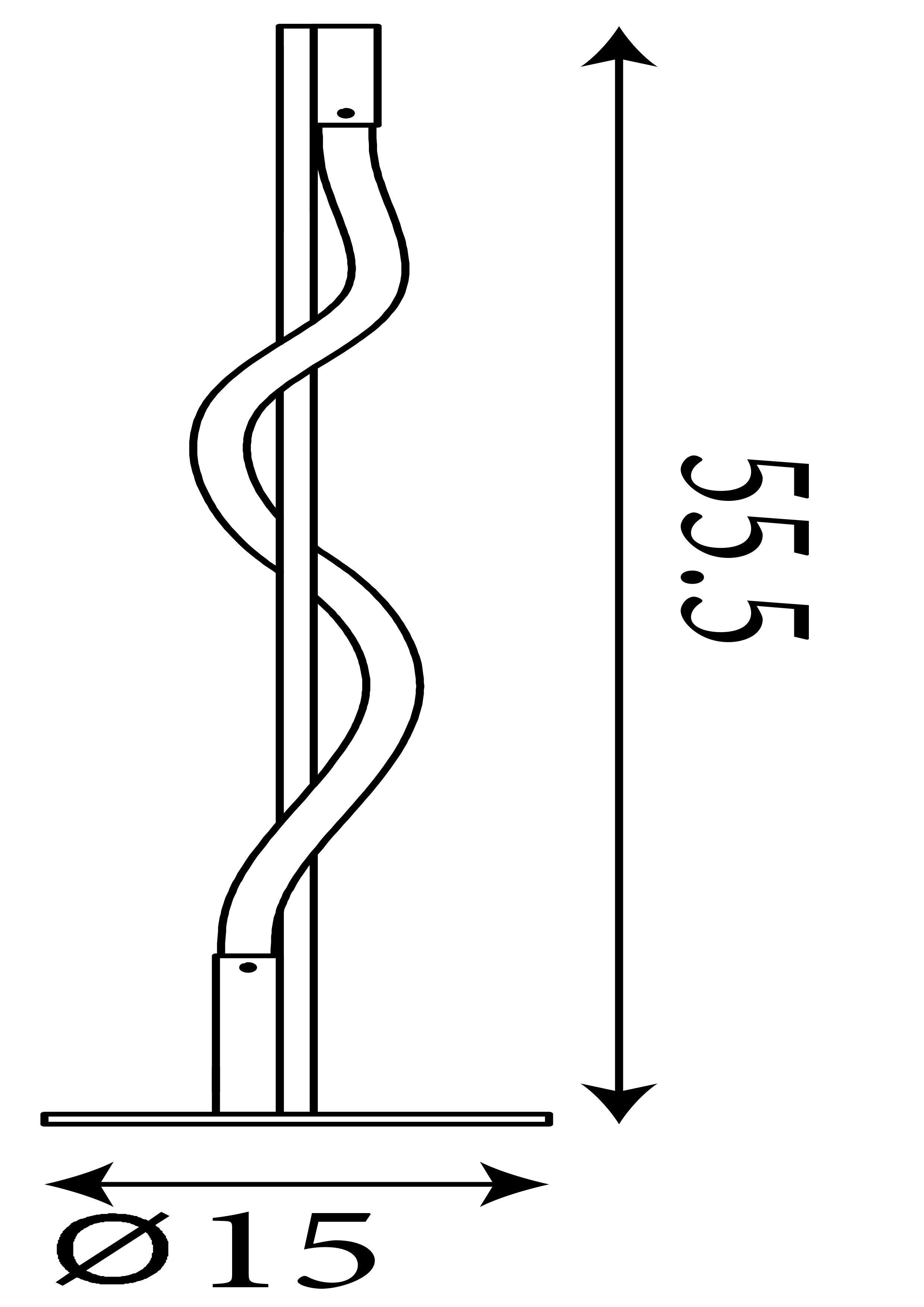 Technical line drawing of the Searchlight Serpent table lamp showing a height of 55.5cm and a base diameter of 15cm