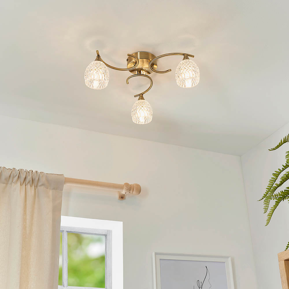 Endon Boyer 3 Light Semi Flush Fitting - Antique Brass Plate & Clear Glass