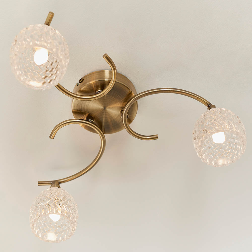 Endon Boyer 3 Light Semi Flush Fitting - Antique Brass Plate & Clear Glass
