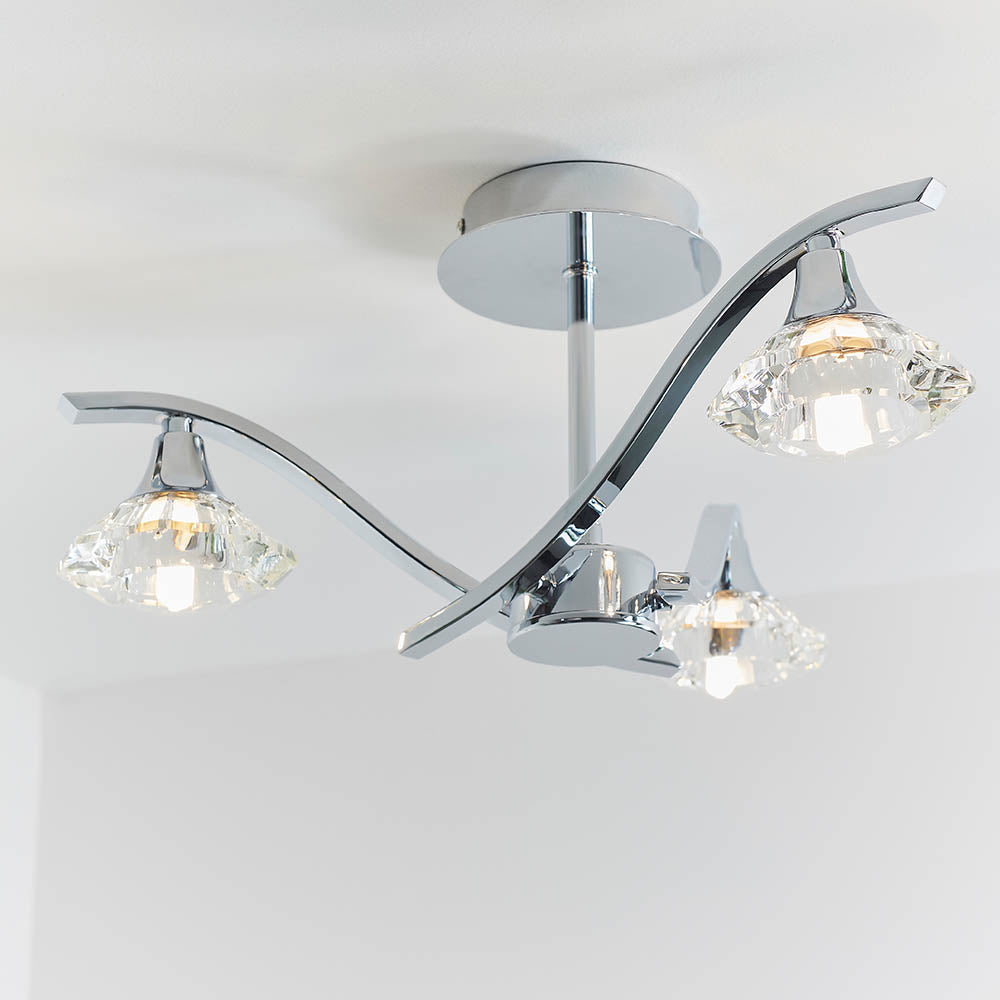 Endon Langella 3 Light Semi Flush Fitting - Chrome Plate & Clear Crystal