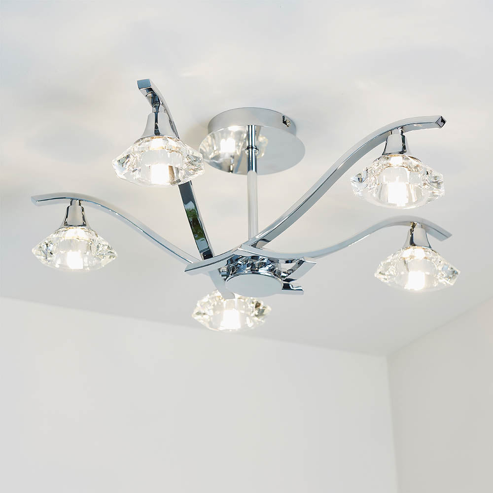 Endon Langella 5 Light Semi Flush Fitting - Chrome Plate & Clear Crystal