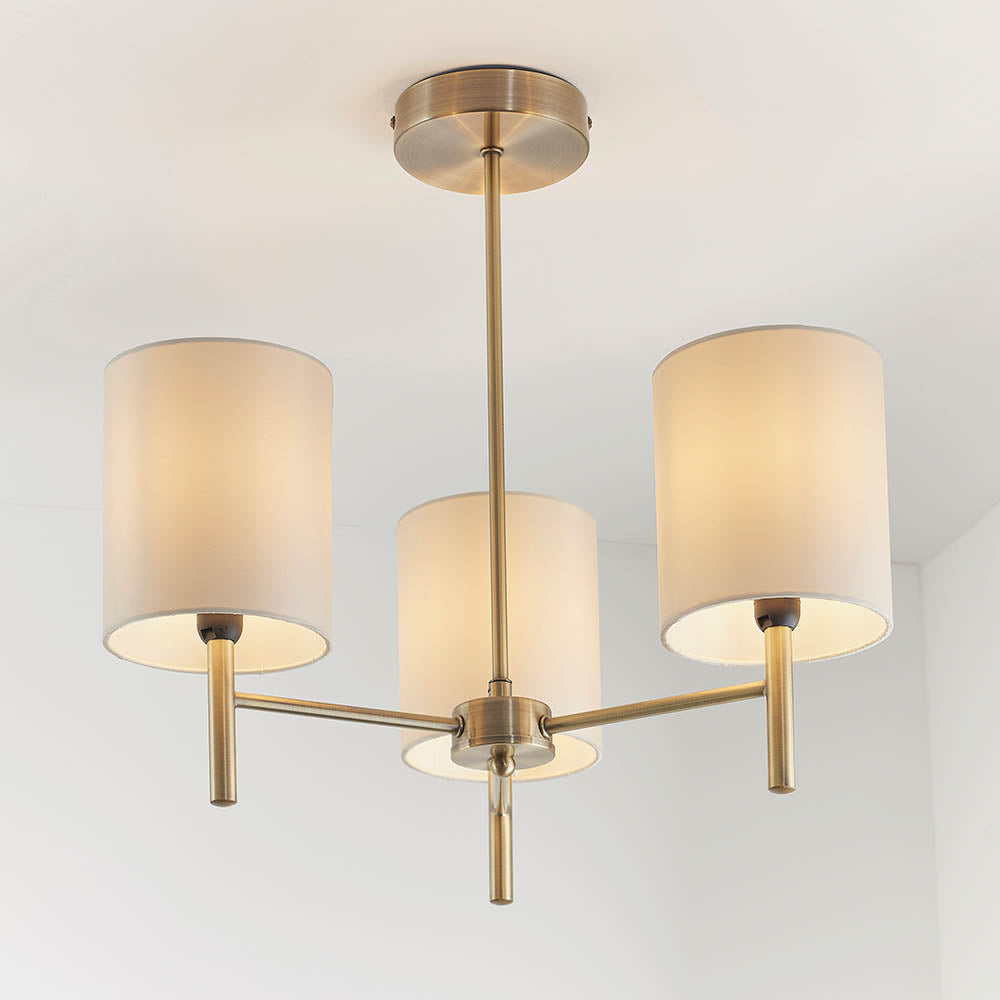 Endon Brio 3 Light Semi Flush Fitting - Antique Brass Plate & Cream Fabric