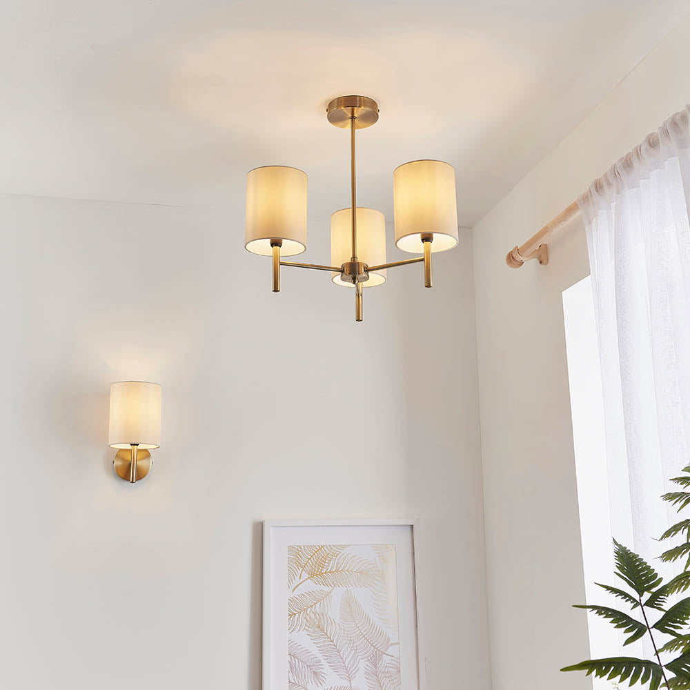 Endon Brio Single Light Wall Light - Antique Brass Plate & Cream Fabric