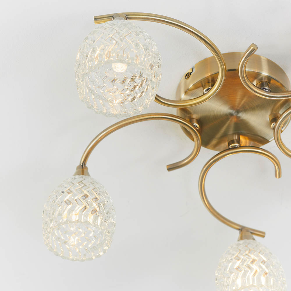 Endon Boyer 5 Light Semi Flush Fitting - Antique Brass Plate & Clear Glass
