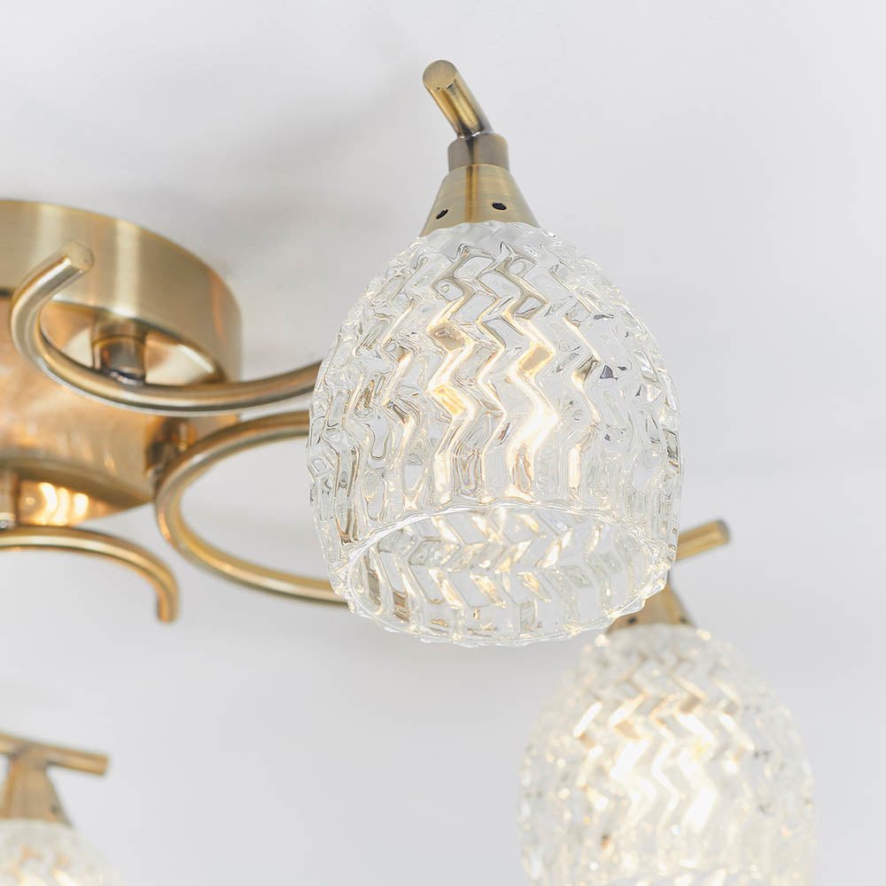 Endon Boyer 5 Light Semi Flush Fitting - Antique Brass Plate & Clear Glass
