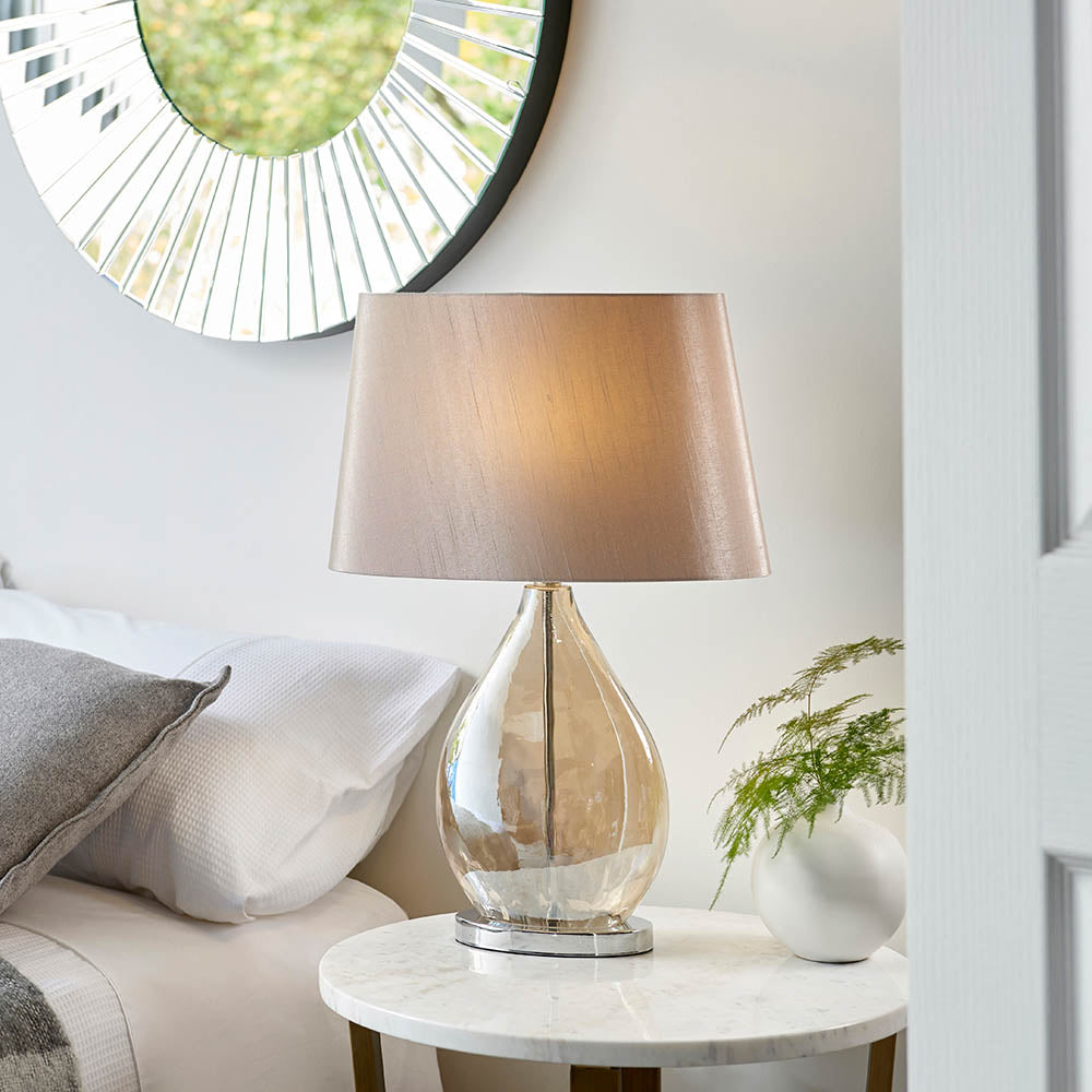 Endon Kew Single Light Table Lamp - Gold Tinted Glass & Mink Fabric