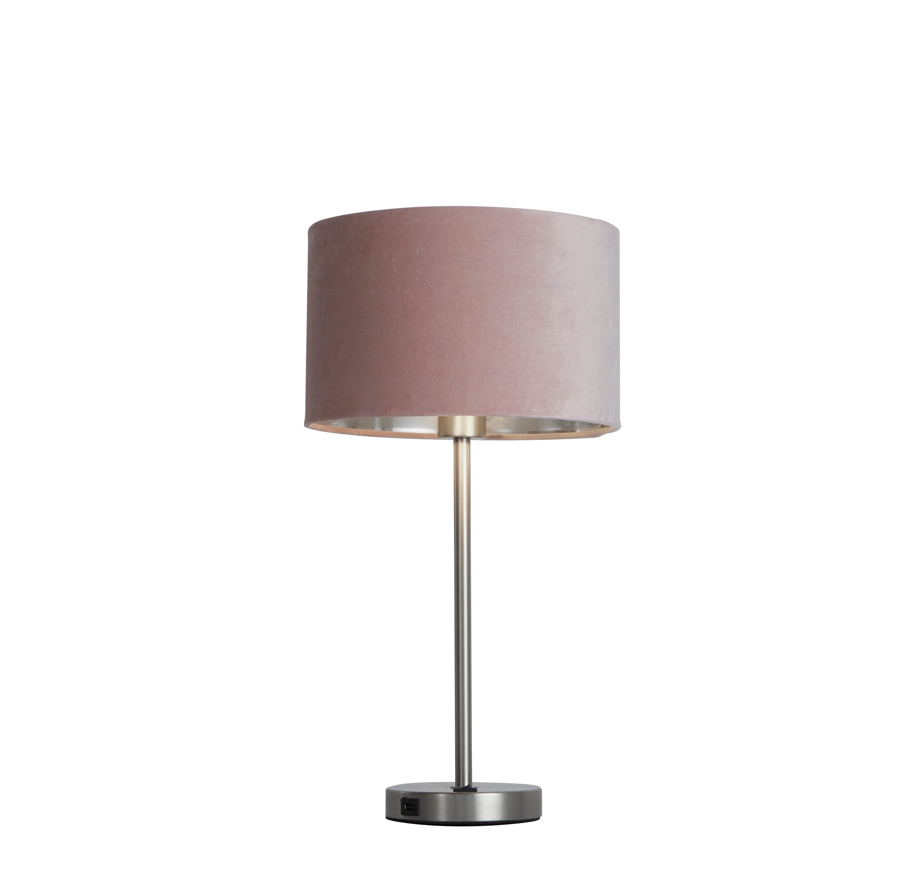 Searchlight Fairview USB Table Lamp - Satin Nickel & Pink Velvet Shade