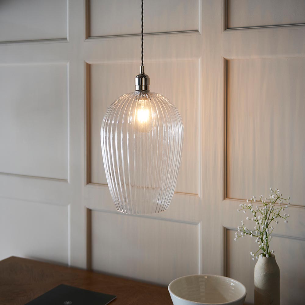 Utopia Finesse Large Single Pendant - Bright Nickel Plate & Clear Ribbed Glass