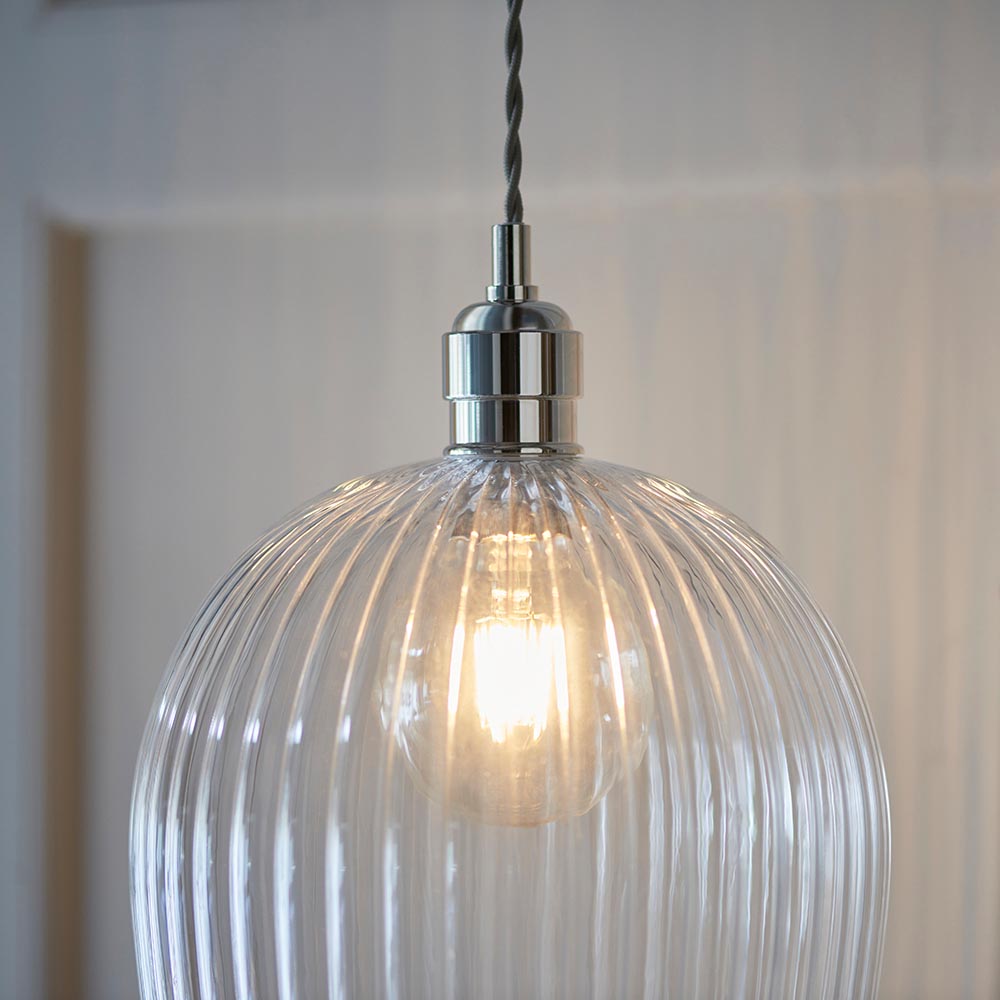 Utopia Finesse Large Single Pendant - Bright Nickel Plate & Clear Ribbed Glass