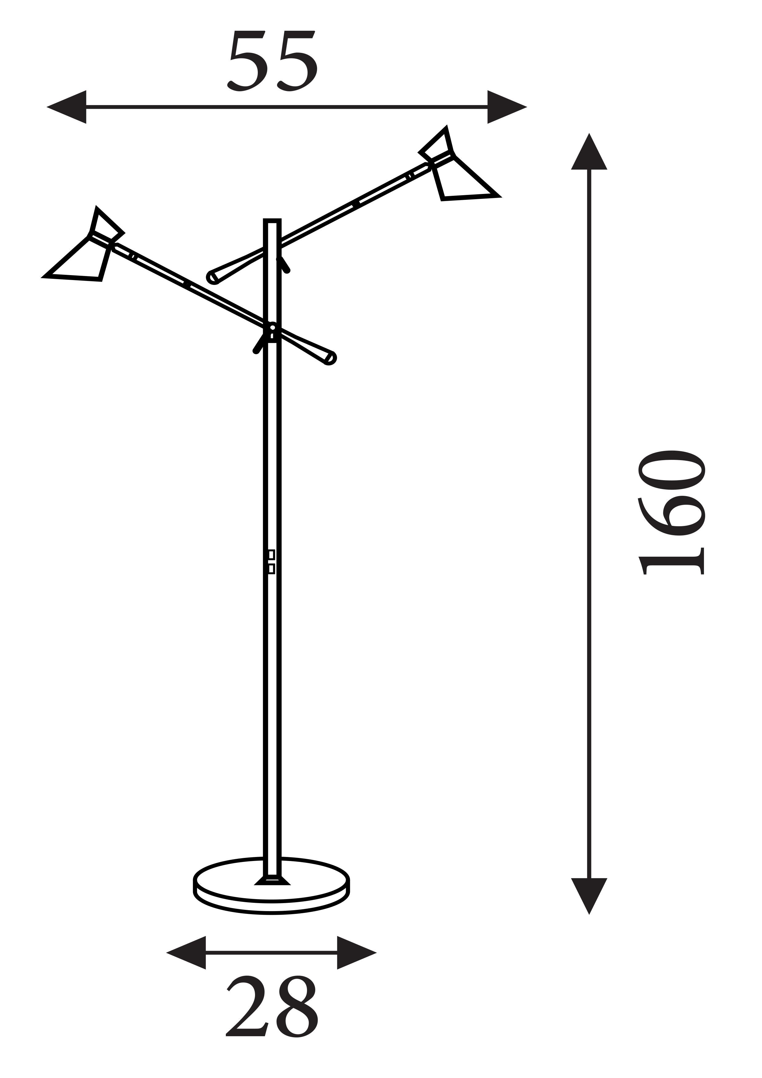 Technical line drawing of the Searchlight Diablo 2 light floor lamp showing overall height, arm span and base width