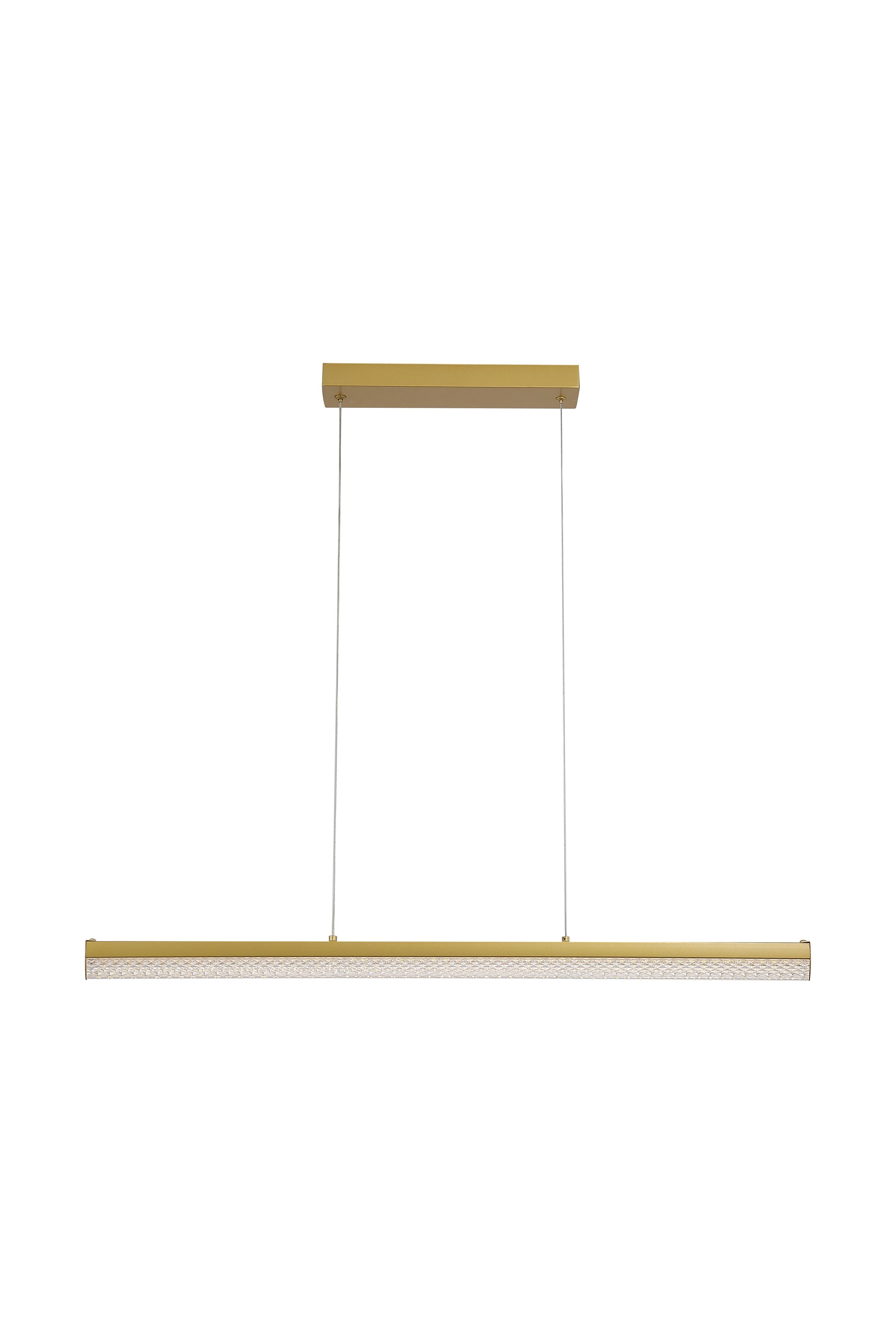 Searchlight Madeleine LED Pendant Light in matt gold, studio shot of the full 100cm bar hanging from a gold ceiling plate on two cables