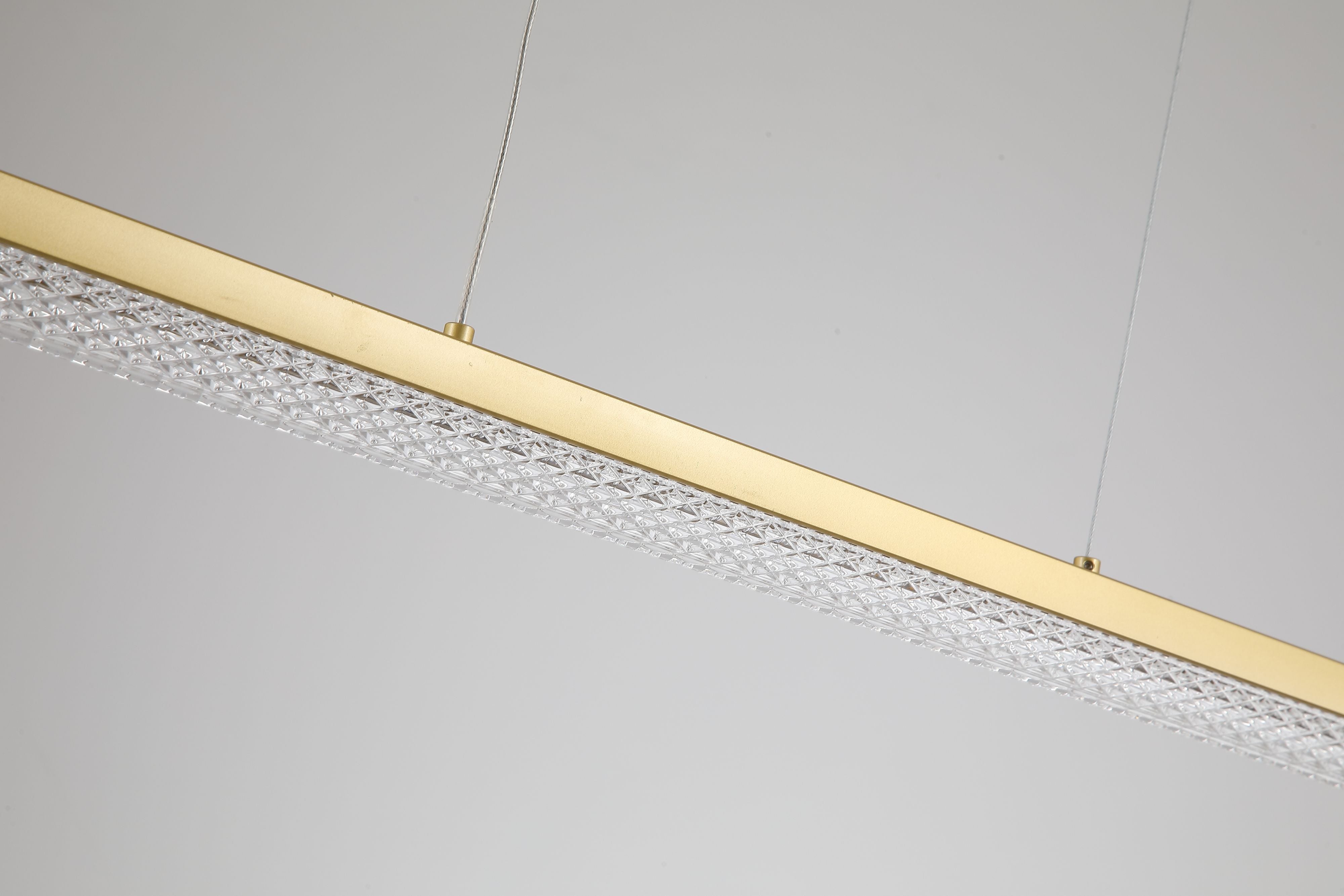 Close up of the Searchlight Madeleine pendant showing the textured acrylic diffuser and matt gold bar edge