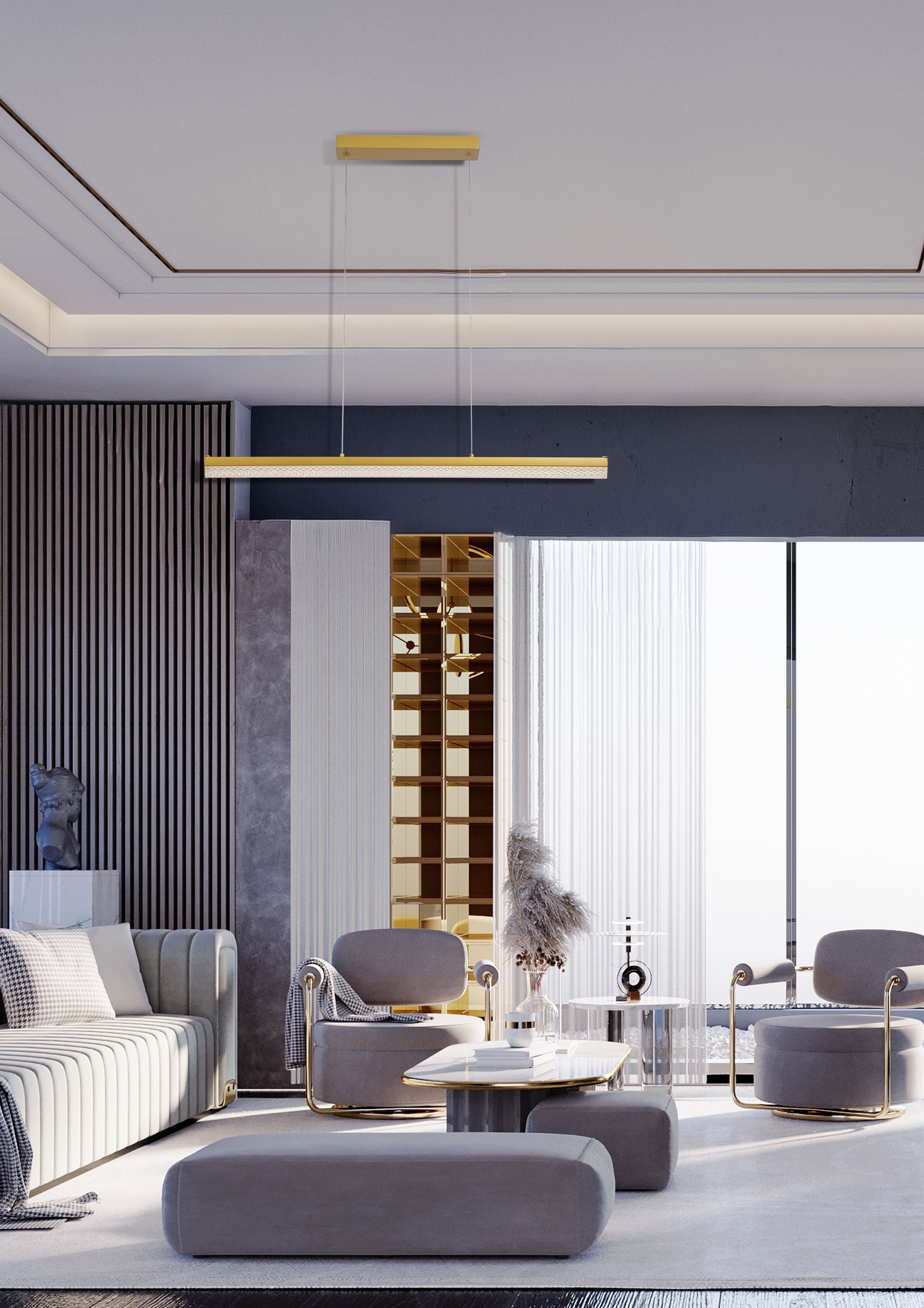 Searchlight Madeleine LED Pendant Light styled low over a coffee table in a grey and gold living room with floor to ceiling windows