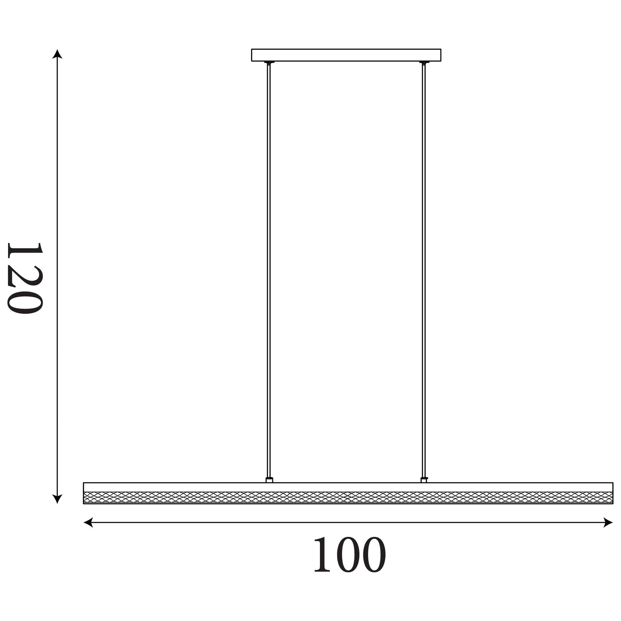 Line drawing of the Searchlight Madeleine LED Pendant Light showing dimensions, 100cm bar length and 120cm maximum drop