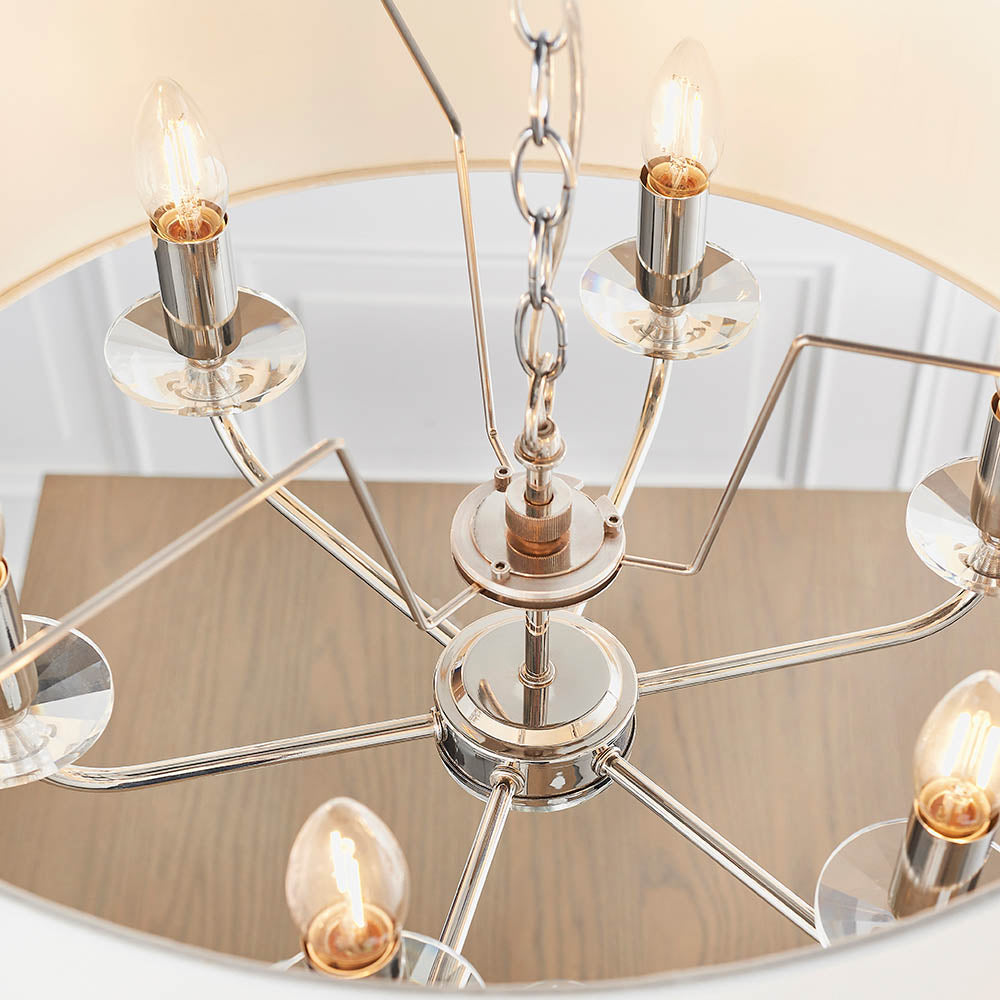 Endon Nixon 6 Light Pendant - Bright Nickel Plate & Vintage White Fabric