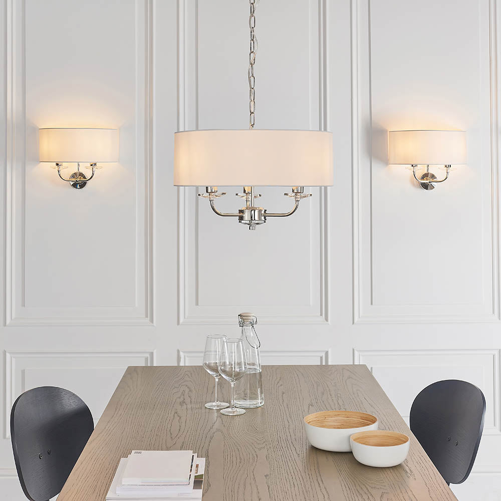 Endon Nixon 2 Light Wall Light - Bright Nickel Plate & Vintage White Fabric