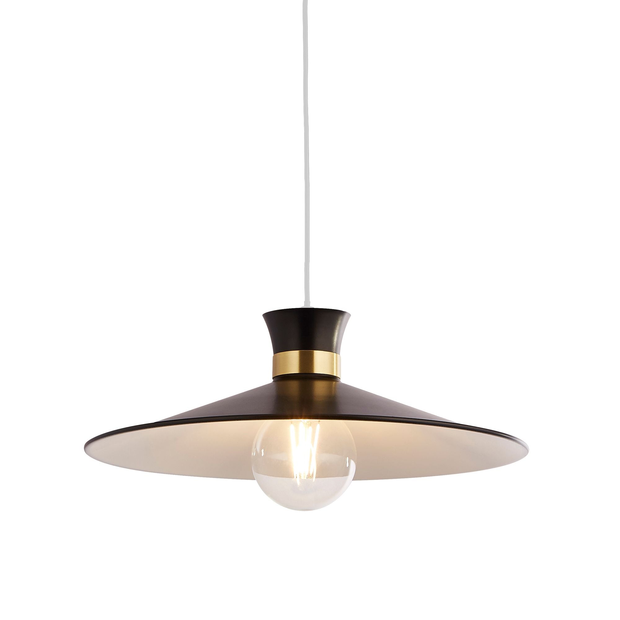Searchlight Balham pendant light in matt black with a satin brass neck band, wide tapered shade shown on a white studio background with a warm glowing bulb visible beneath